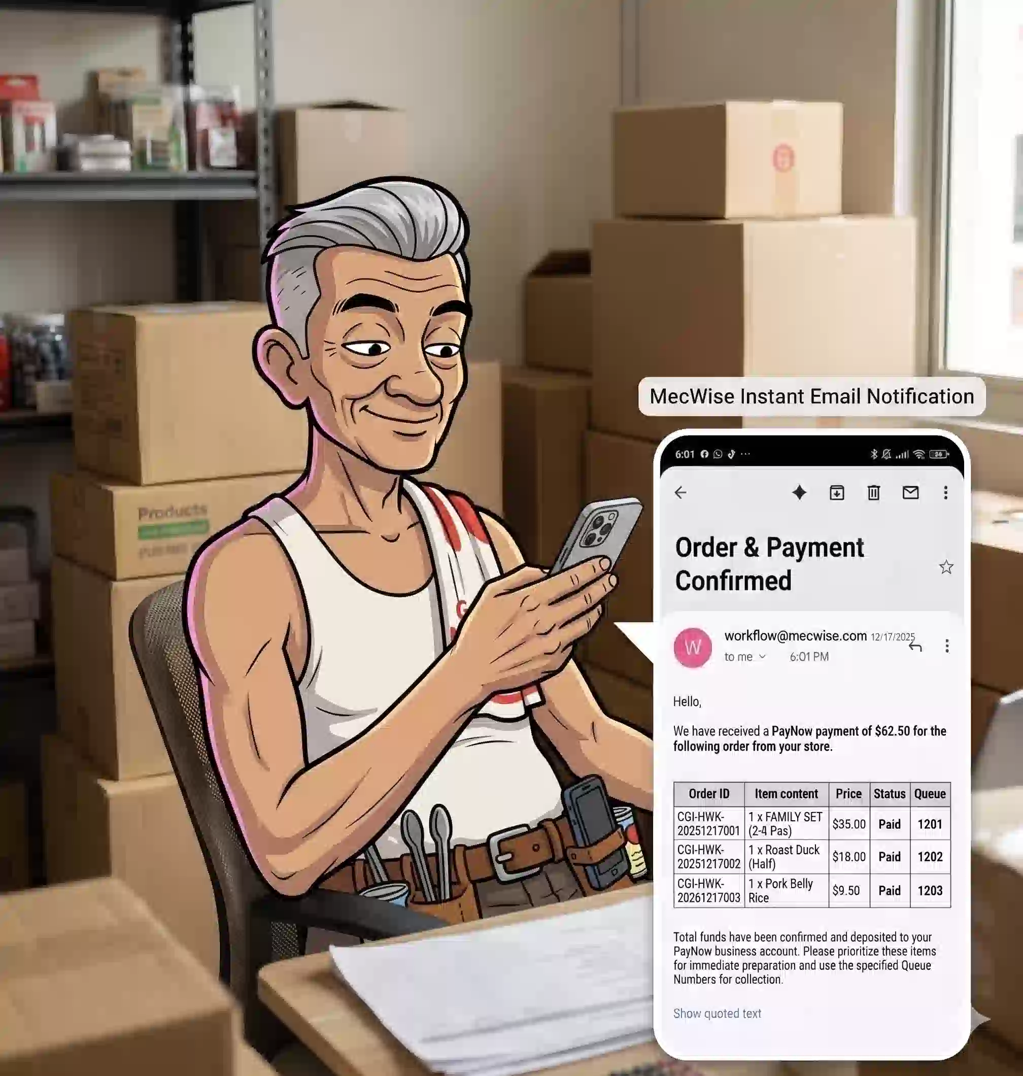 Business owner receiving payment notification on phone