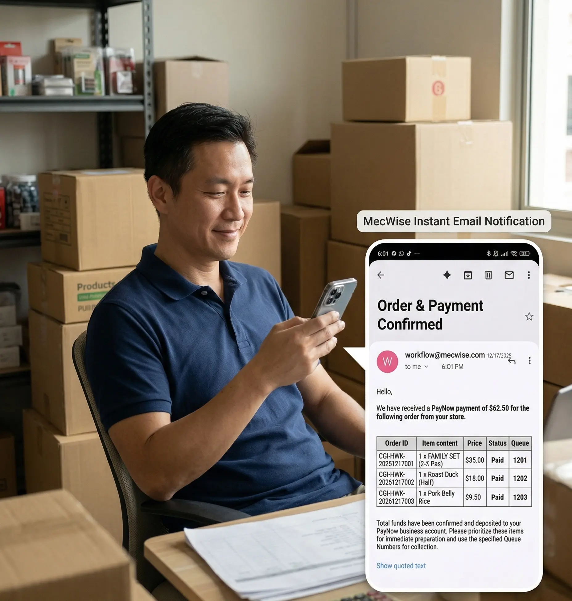 Business owner receiving payment notification on phone